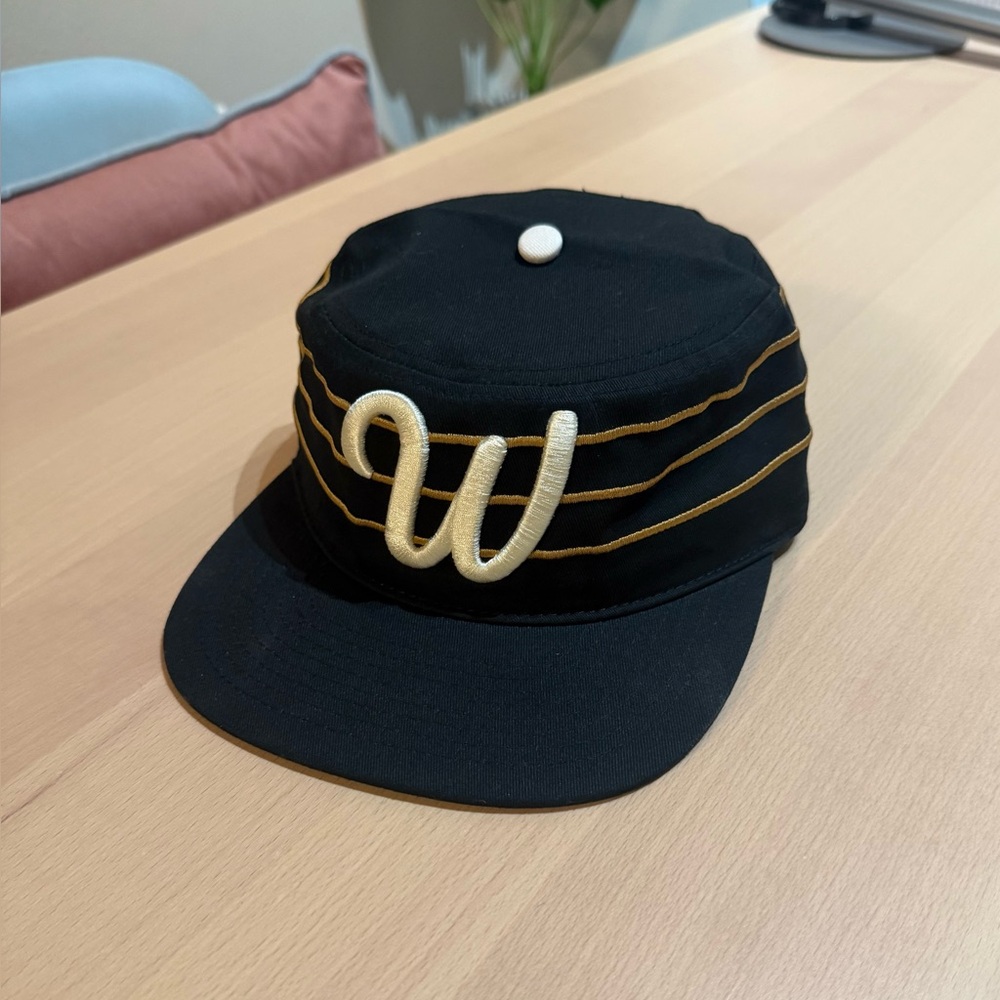 Black/Gold Men's Flat Top Baseball Cap w/Embroidered Detail. Pillbox Style Cap